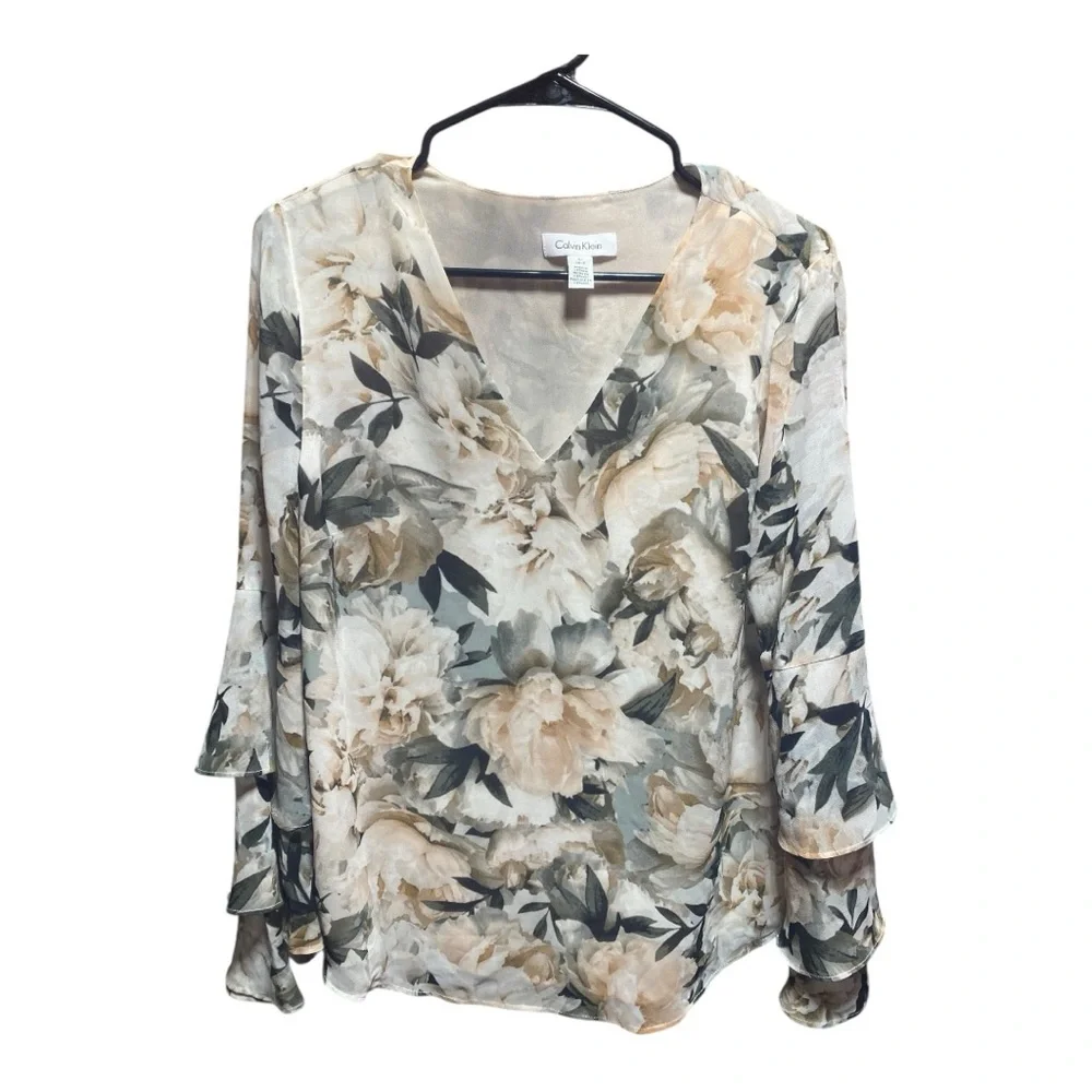 Calvin Klein Beige Floral V-Neck Blouse - Picture 2 of 8